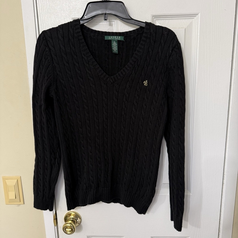 Lauren Ralph Lauren V-Neck Black Cable Knit Sweater Women's Medium Logo
